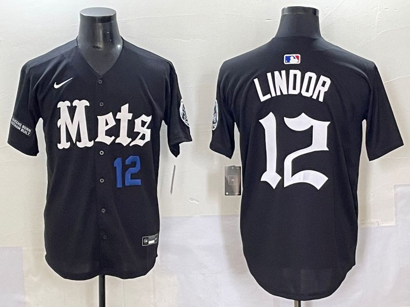 Men 2025 New York Mets #12 Lindor Black Five generations Joint Name Nike MLB Jersey style 5->new york mets->MLB Jersey